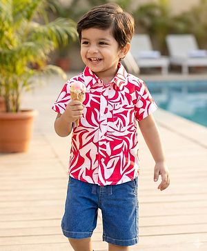 Babyhug Cotton Woven Half Sleeves Shirt & Denim Shorts Set With Leaf Print - Multicolor