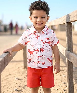 Babyhug Cotton Woven Half Sleeves Shirt & Denim Shorts Set With Dino Print - Multicolor