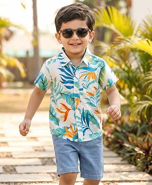 Babyhug Cotton Woven Half Sleeves Shirt & Denim Shorts Set With Leaf Print - Multicolor