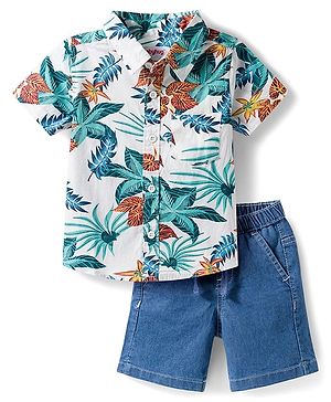ToffyHouse Cotton Woven Half Sleeves Shirt & Denim Shorts Set with Tropical Theme Print - Blue