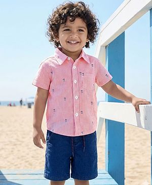 Babyhug Cotton Woven Half Sleeves Striped Shirt & Denim Shorts Set With Watermelon Print - Orange & Blue