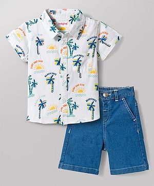 Babyhug Cotton Woven Half Sleeves Shirt & Denim Shorts Set with Beach Theme Print - Blue