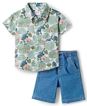 Babyhug Cotton Woven Half Sleeves Shirt & Denim Shorts Set with Tropical Theme Print - Blue