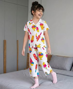 Pine Kids Cotton Knit Half Sleeves Shirt & Capri Co-ord Night Suit With Ice Cream Print - White