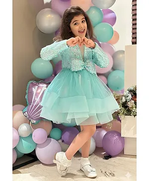 Foreverkidz Sequin Woven Full Sleeves
                              Sequins Embellished Bow Applique Detailed
                              Dress - Sea Green
