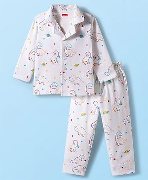 Babyhug Cotton Knit Full Sleeves Co-ords Night Suit With Dino Print - White