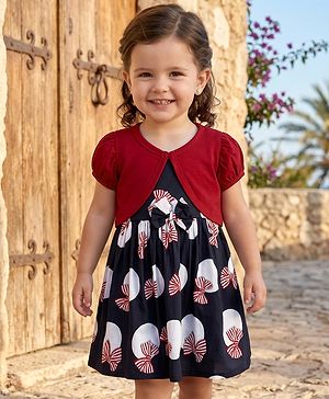 Babyhug Cotton Woven Frock & Half Sleeves Shrug With Bow Print - Multicolor
