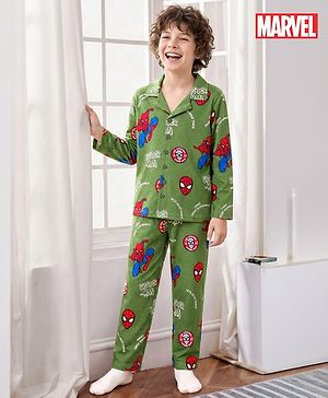 Pine Kids Marvel Single Jersey Knit Full Sleeves Co-ord Night Suit With Spider-Man Print - Green
