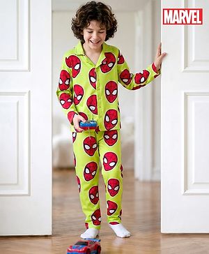 Pine Kids Marvel Single Jersey Knit Full Sleeves Co-ord Night Suit With Spider-Man Print - Lime Green