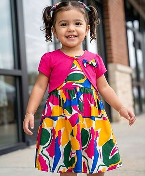 Babyhug 100% Cotton Woven Half Sleeves Abstract Printed Frock With Shrug - Multicolour