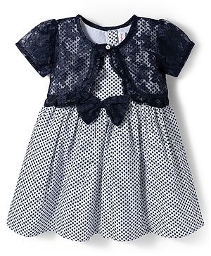 Babyhug Cotton Woven Frock & Half Sleeves Shrug With Polka Dot Print & Bow Applique - Navy Blue