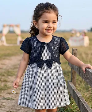 Babyhug Cotton Woven Frock &
                                  Half Sleeves Shrug With Polka Dot
                                  Print & Bow Applique - Navy Blue