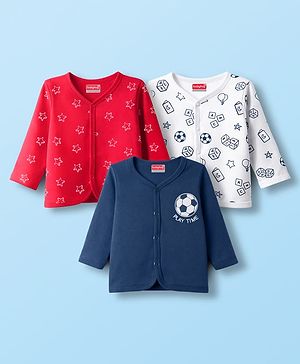 Babyhug 100% Cotton Knit Full Sleeves Jhablas with Ball & Star Print Pack of 3 - Navy Blue Red & White