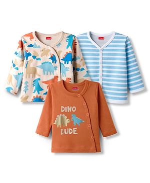 Babyhug 100% Cotton Knit Full Sleeves Jhablas with Dino Print & Stripes Pack of 3 - Multicolor