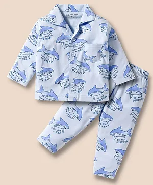Little Darlings Interlock Knit Full
                              Sleeves Co-ords Night Suit With Shark
                              Print - White & Blue