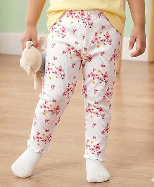 Babyhug Cotton Lycra Knit Full Length Leggings With Floral Print - White