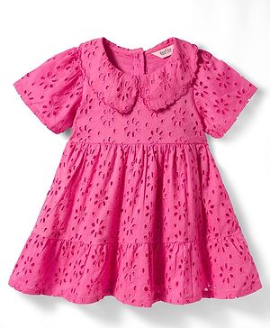 Bonfino 100% Cotton Woven Half Sleeves Solid Schiffli Dress with Scalloped Collar - Pink