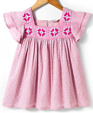 Bonfino 100% Cotton Dobby Woven Half Sleeves  Textured Frock with Crochet Detailing - Pink