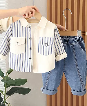 Googo Gaaga Cotton Woven Full Sleeves
                              Striped Shirt With Jeans Set - Cream
