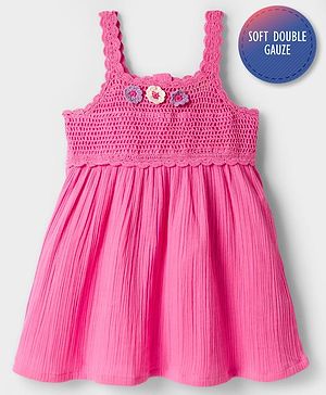Bonfino 100% Cotton Double Gauze Starppy Dress with Crochet Yoke Detail - Pink