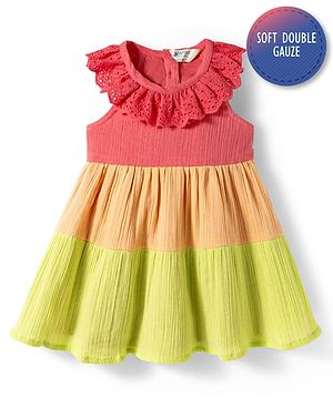 Bonfino 100% Cotton Double Gauze Woven Sleeveless Color Blocked Dress - Multicolor