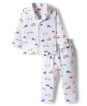 Babyhug Cotton Knit Full Sleeves Co-ords Night Suit With Vehicle Print - White