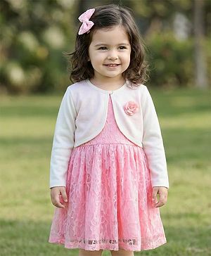 Babyhug Cotton Woven Frock & Full Sleeves Shrug With Floral Applique
