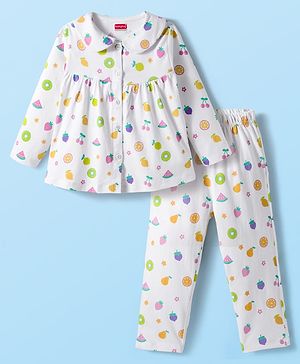 Babyhug Cotton Knit Full Sleeves Co-ords Night Suit With Floral Print - White