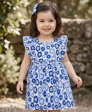 Babyhug Knit Frill Sleeves Frock With Floral Print - White