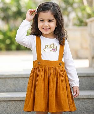 Babyhug Knit Full Sleeves Frock With Text Patch - Mustard & White