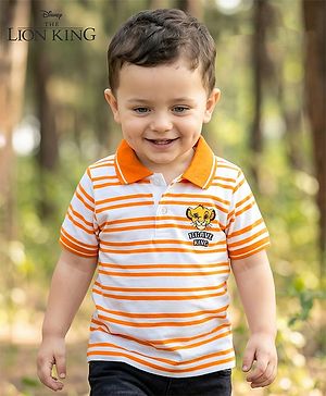 Babyhug Disney Single Jersey Knit Half Sleeves Striped Polo T-Shirt with Simba Graphic - Multicolor