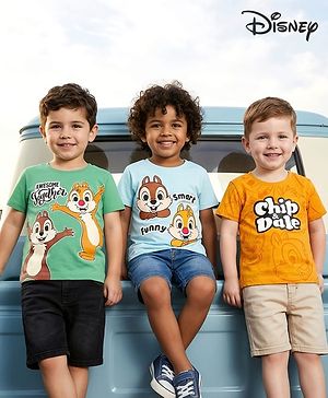 Babyhug Disney Single Jersey Knit Half Sleeves T-Shirts with Chip N Dale Graphic Pack of 3 - Orange Aqua Blue & Green
