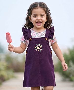 Babyhug Cotton Woven Half Sleeves T-Shirt & Frock with Floral Print - Purple