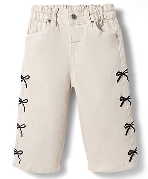 Bonfino Woven Full Length Washed Culotte Jeans With Bow Embroidery - Off White