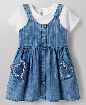 Babyhug Cotton Woven Half Sleeves Solid Colour T-Shirt & Frock with Heart Patch - Blue