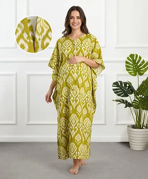 Bella Mama Cotton Woven Half Sleeves
                              Maternity Nursing Kaftan With Floral Print
                              - Lime Green