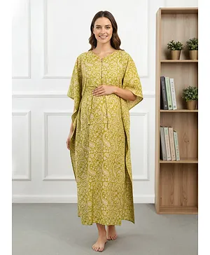 Bella Mama Cotton Woven Half Sleeves
                              Maternity Kaftan With Floral Print - Lime
                              Green