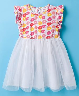Babyhug Cotton Woven Frill Sleeves Frock With Floral Print - White