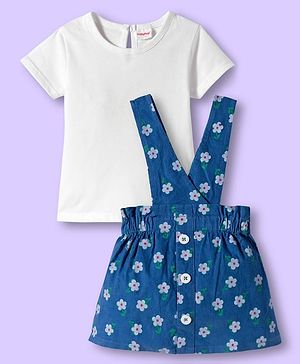 Babyhug Cotton Woven Frock & Half Sleeves Inner Tee With Floral Print - Blue & White