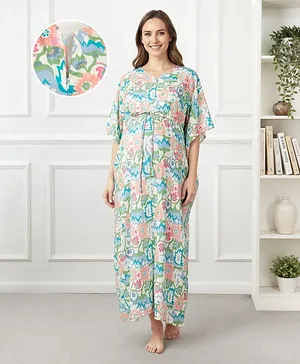 Bella Mama Cotton Woven Half Sleeves
                              Maternity Nursing Kaftan with Floral Print
                              - Multicolor