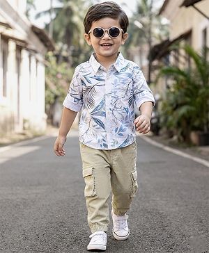 Babyhug Cotton Woven Full Sleeves Leaf Printed Shirt & Trouser Set - Beige