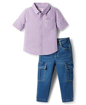 Babyhug Cotton Woven Full Sleeves Shirt & Denim Jeans Set - Blue