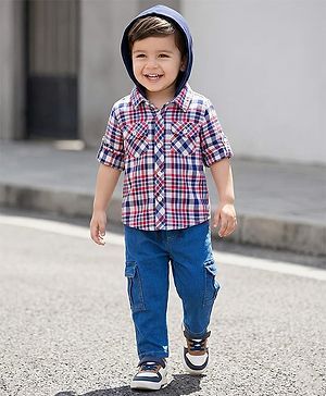 Babyhug Cotton Knit Full Sleeves Hooded Checked Shirt & Jeans Set - Red Blue & White