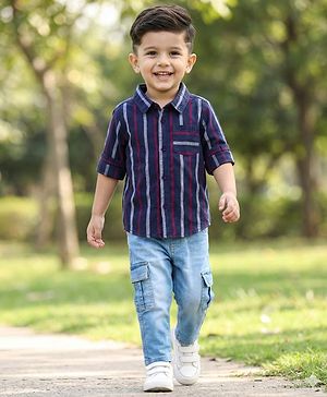 Babyhug Cotton Denim Full Sleeves Striped Shirt & Jeans Pant Set - Blue