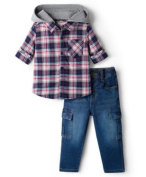 Babyhug Cotton Woven Full Sleeves Checkered Shirt & Denim Jeans Set with Detachable Hood - Multicolor