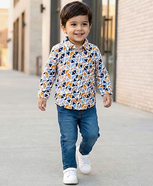 Babyhug Cotton Woven Full Sleeves Printed Shirt & Jeans Set - Multicolour & Blue
