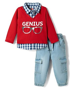 Babyhug Single Jersey Knit Full Sleeves Checkered Polo T-Shirt & Jeans Set with Genius Print - Red & Blue