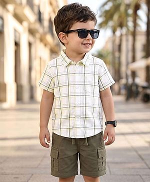 Babyhug Cotton Woven Half Sleeves Checkered Shirt & Shorts Set - Olive Green