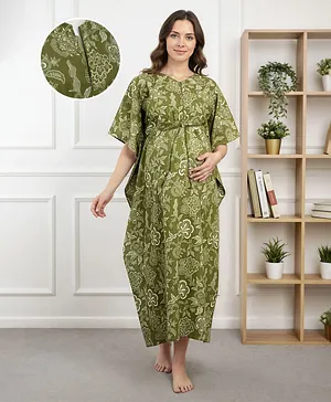 Bella Mama Cotton Woven Half Sleeves
                              Maternity Kaftan With Floral Print - Olive
                              Green
