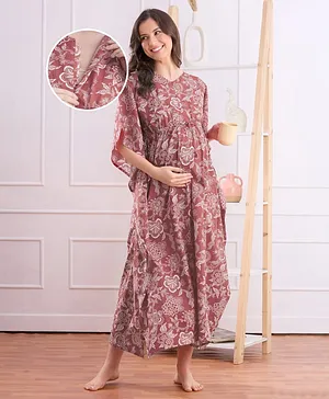Bella Mama Cotton Woven Half Sleeves
                              Maternity Nursing Kaftan with Floral Print
                              - Dark Red